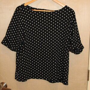 Women's Polka Dot Wide Neck Top, XL, Black & White, Folded Sleeve